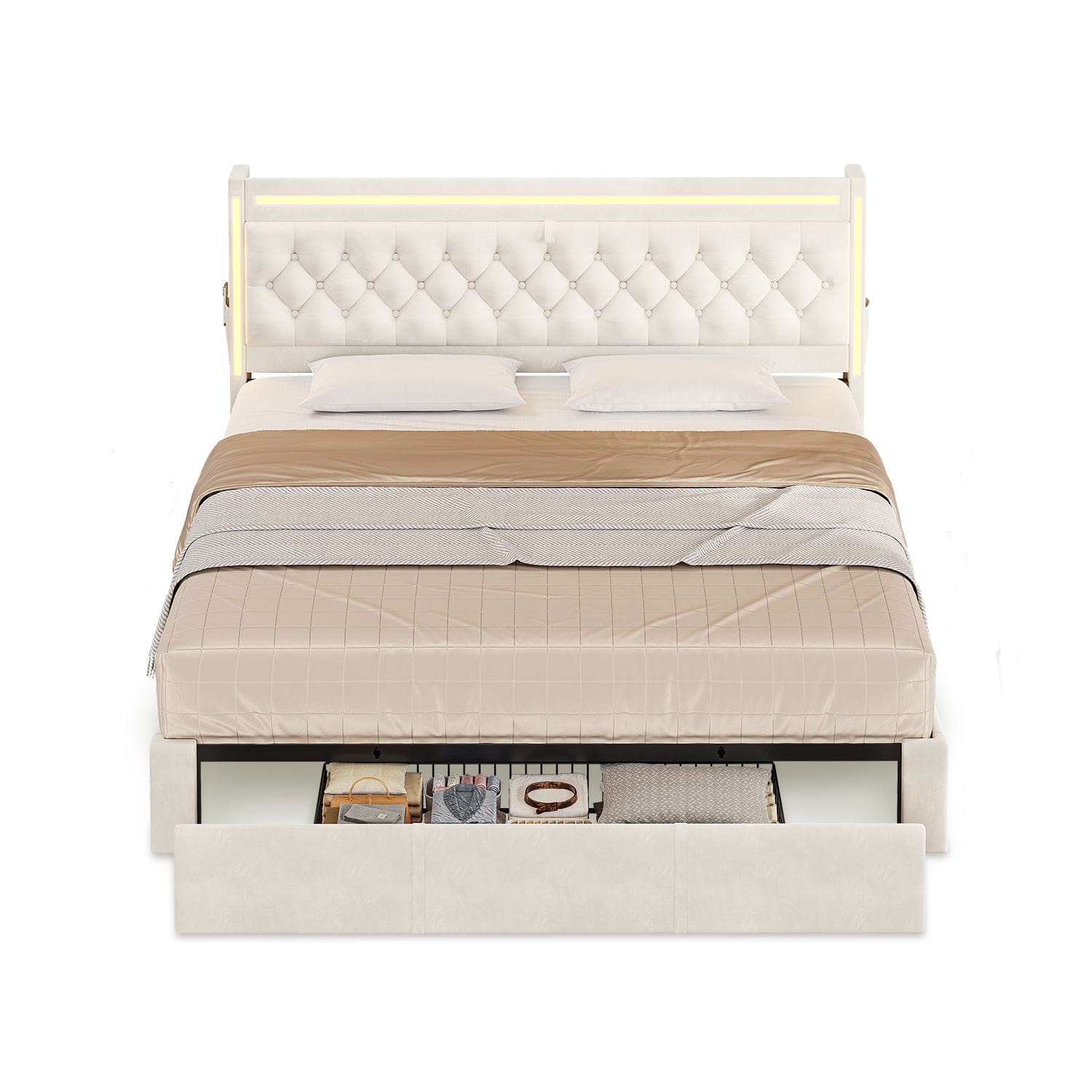 HAUOMS Bed Frame LED Bed Frame with Drawers Beige
