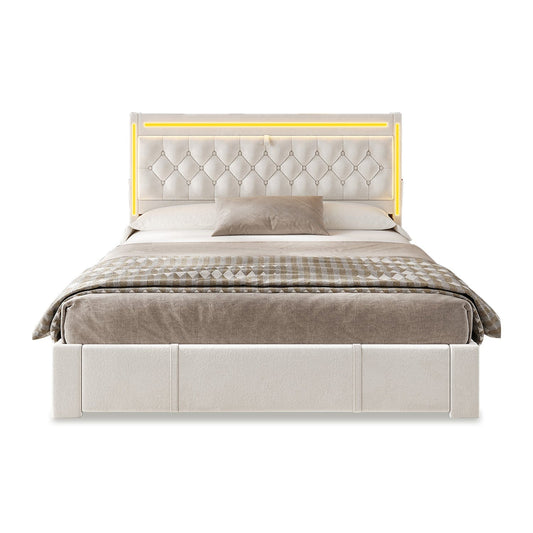 HAUOMS Bed Frame LED Bed Frame with Drawers Beige