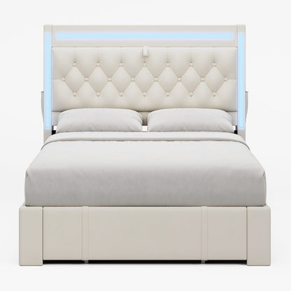 HAUOMS Bed Frame LED Bed Frame with Drawers Beige