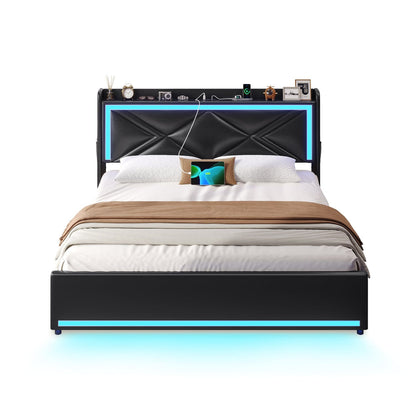 HAUOMS Bed Frame LED Bed Frame with Storage Headboard Black
