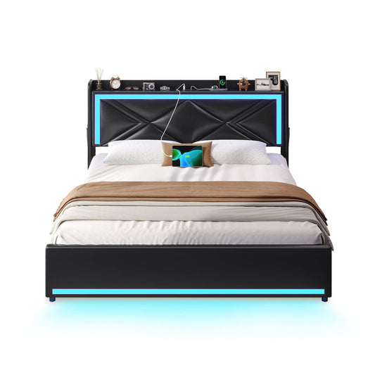 HAUOMS Bed Frame LED Bed Frame with Storage Headboard Black