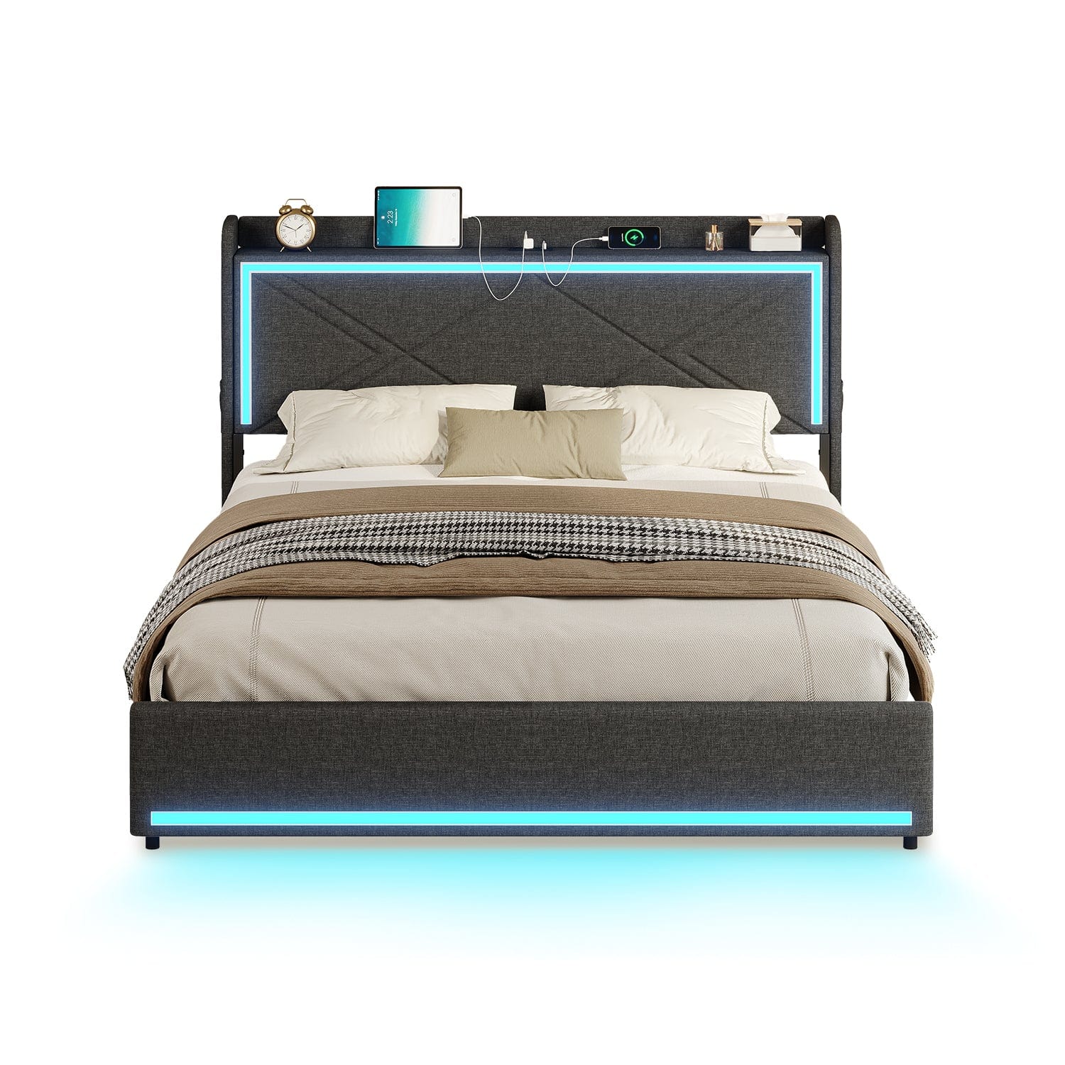 HAUOMS Bed Frame LED Bed Frame with Storage Headboard Grey