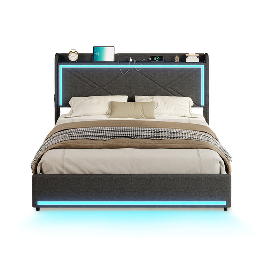 HAUOMS Bed Frame LED Bed Frame with Storage Headboard Grey