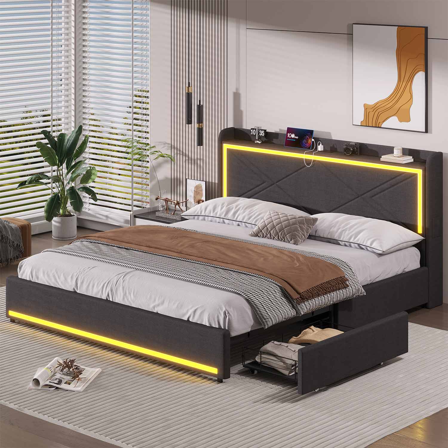 Hauoms Bed Frame LED Bed Frame with Storage Headboard Grey