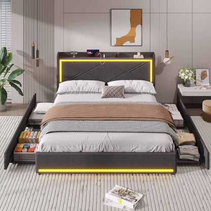 Hauoms Bed Frame LED Bed Frame with Storage Headboard Grey