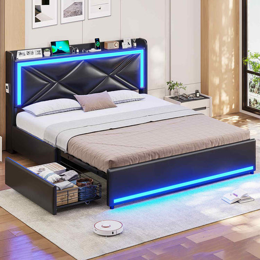 Hauoms Bed Frame LED Upholstered Platform Bed Frame