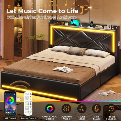Hauoms Bed Frame LED Upholstered Platform Bed Frame