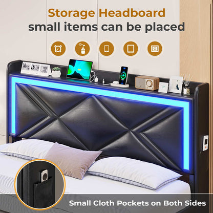 Hauoms Bed Frame LED Upholstered Platform Bed Frame