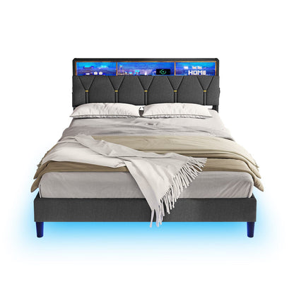 HAUOMS Bed Frame Linen Fabric LED Bed Frame Grey