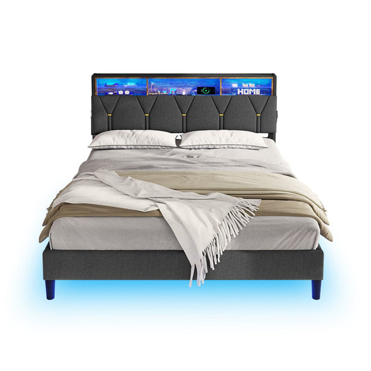 HAUOMS Bed Frame Linen Fabric LED Bed Frame Grey