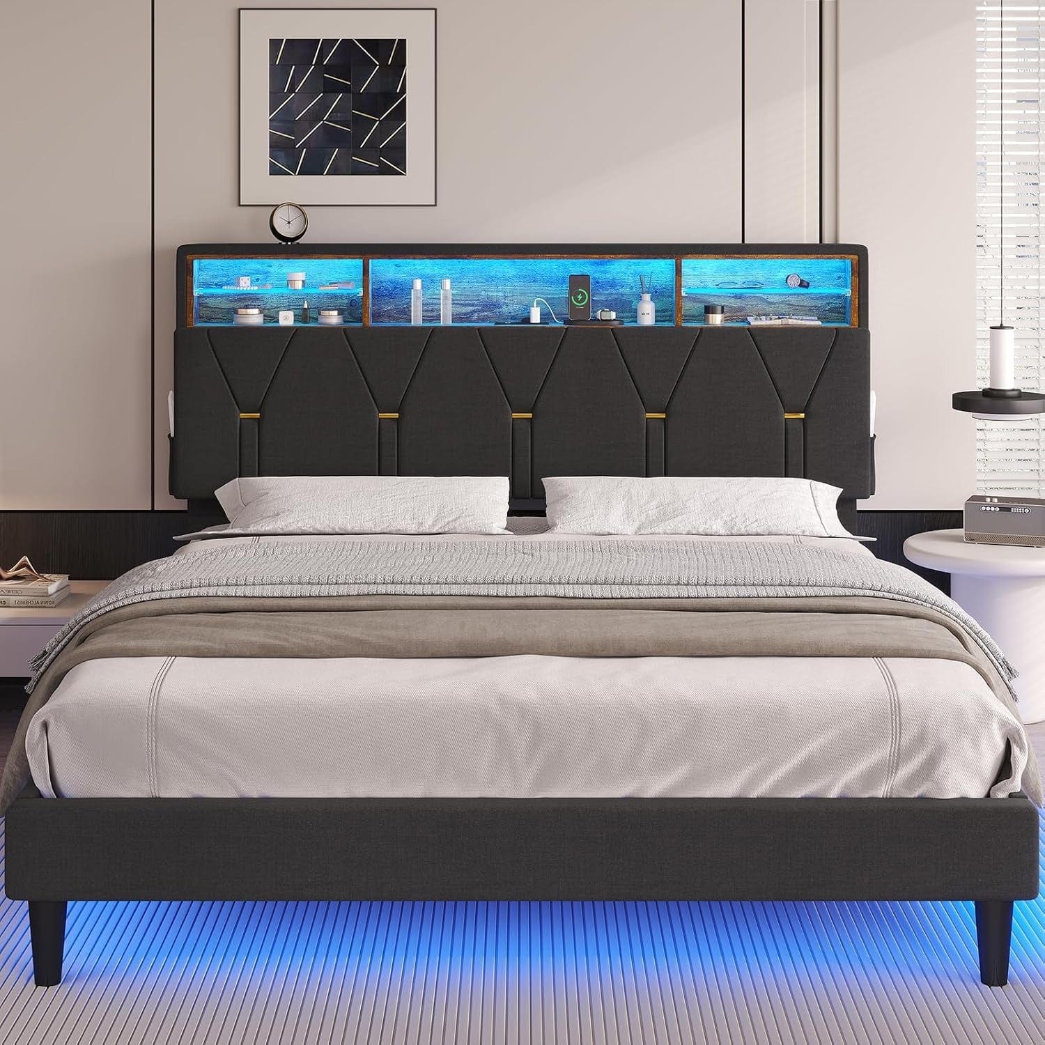 Hauoms Bed Frame Linen Fabric LED Bed Frame Grey