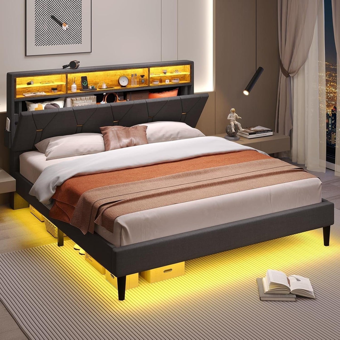 Hauoms Bed Frame Linen Fabric LED Bed Frame Grey