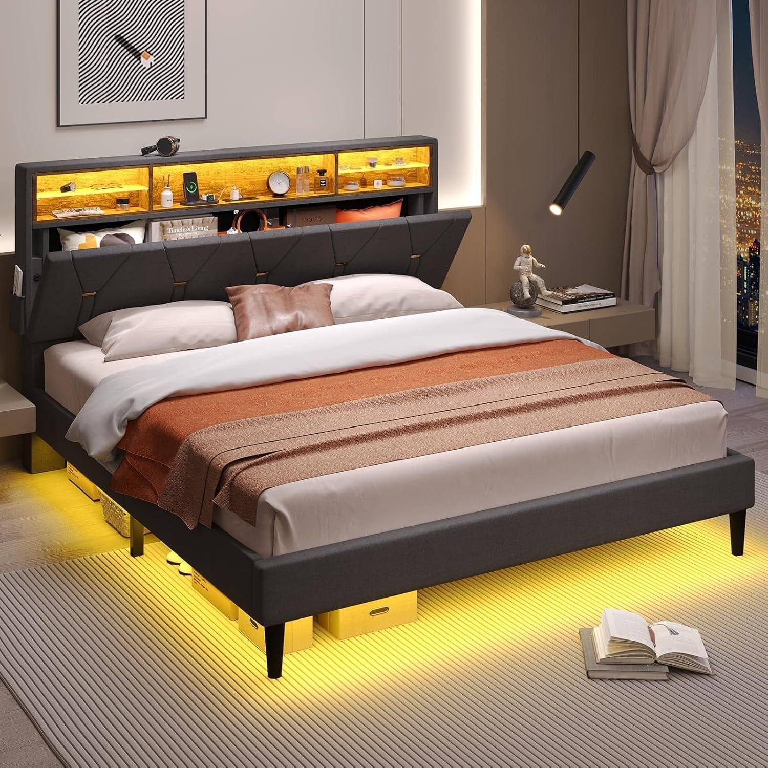 Hauoms Bed Frame Linen Fabric LED Bed Frame Grey
