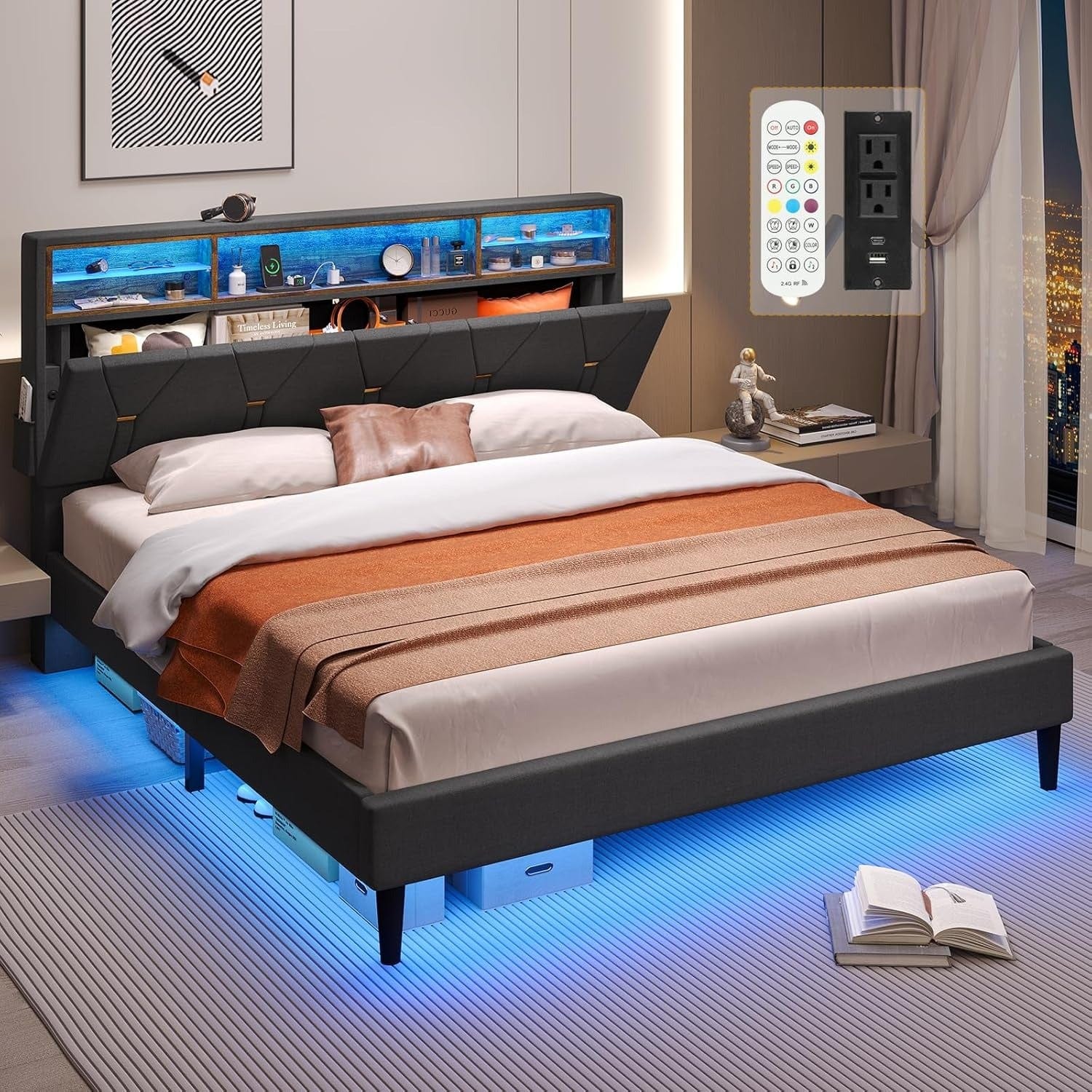 Hauoms Bed Frame Linen Fabric LED Bed Frame Grey