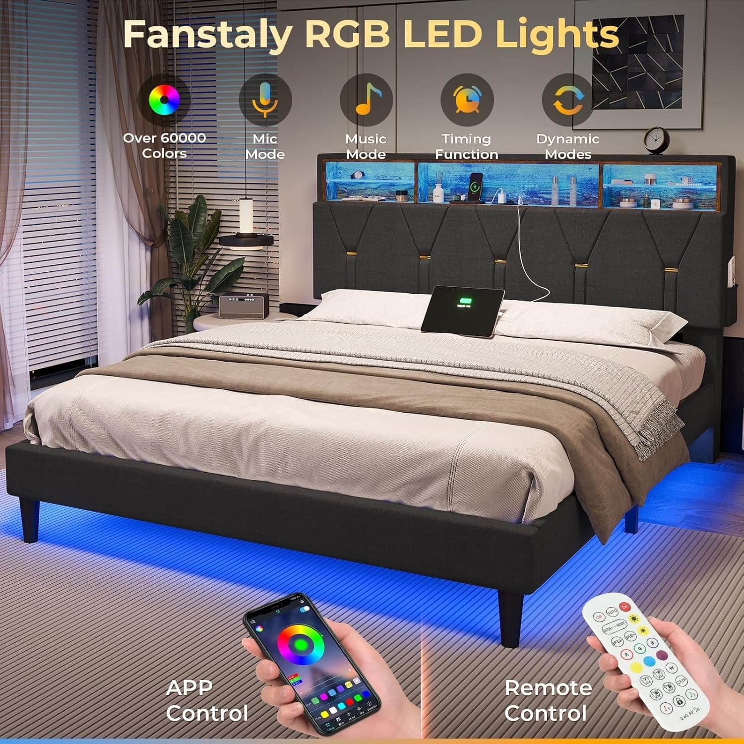 Hauoms Bed Frame Linen Fabric LED Bed Frame Grey