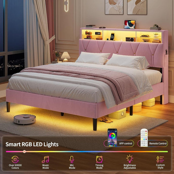 HAUOMS Bed Frame Linen Fabric LED Bed Frame Pink