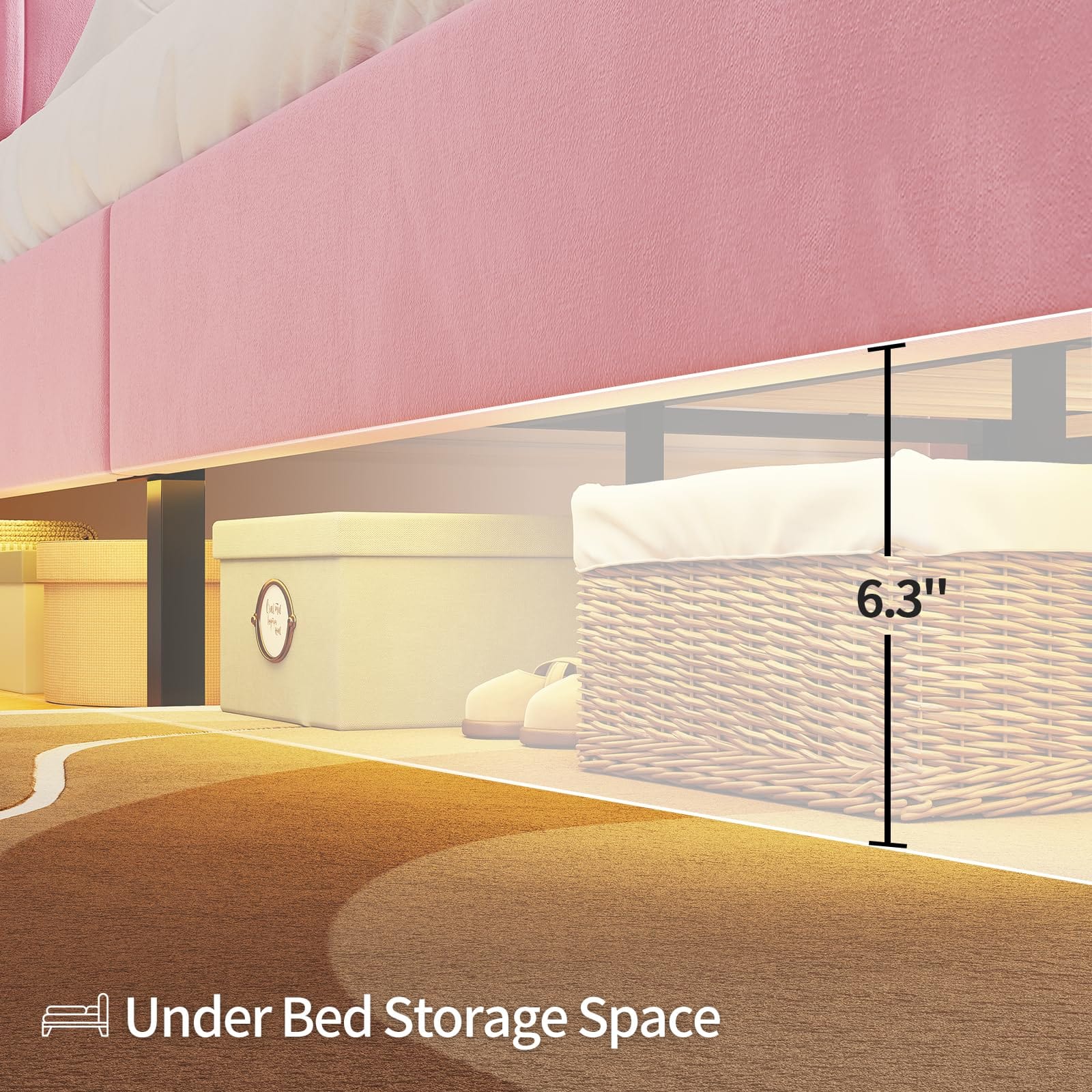 HAUOMS Bed Frame Linen Fabric LED Bed Frame Pink