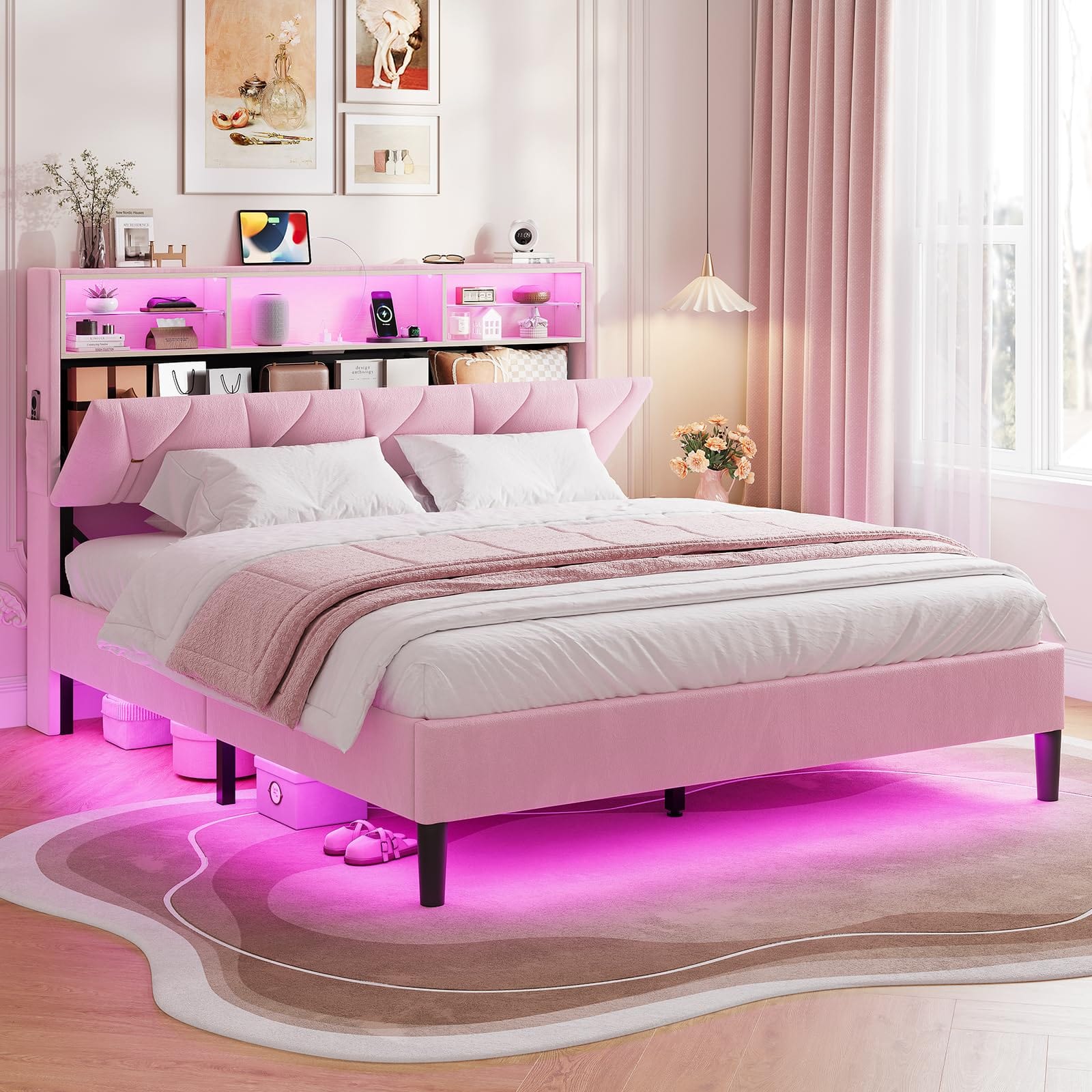 HAUOMS Bed Frame Linen Fabric LED Bed Frame Pink