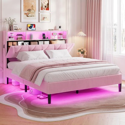 HAUOMS Bed Frame Linen Fabric LED Bed Frame Pink