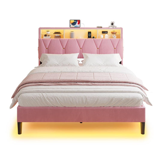 HAUOMS Bed Frame Linen Fabric LED Bed Frame Pink