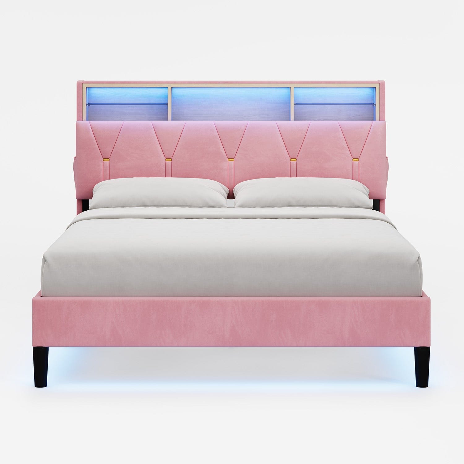 HAUOMS Bed Frame Linen Fabric LED Bed Frame Pink