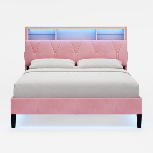 HAUOMS Bed Frame Linen Fabric LED Bed Frame Pink