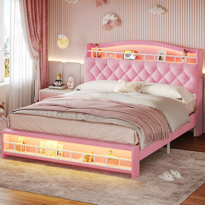 HAUOMS Bed Frame Pink HAUOMS Full Size Bed Frame with LED Lights Princess Velvet Upholstered Platform Bedframe with Charging Station and Guardrail
