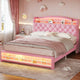 HAUOMS Bed Frame Pink HAUOMS Full Size Bed Frame with LED Lights Princess Velvet Upholstered Platform Bedframe with Charging Station and Guardrail