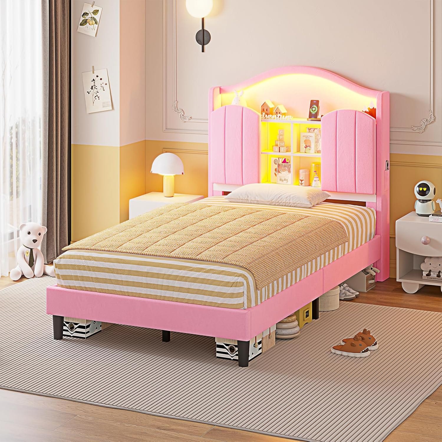 HAUOMS Bed Frame Pink Twin Size Bed Frame with LED Lights Pink