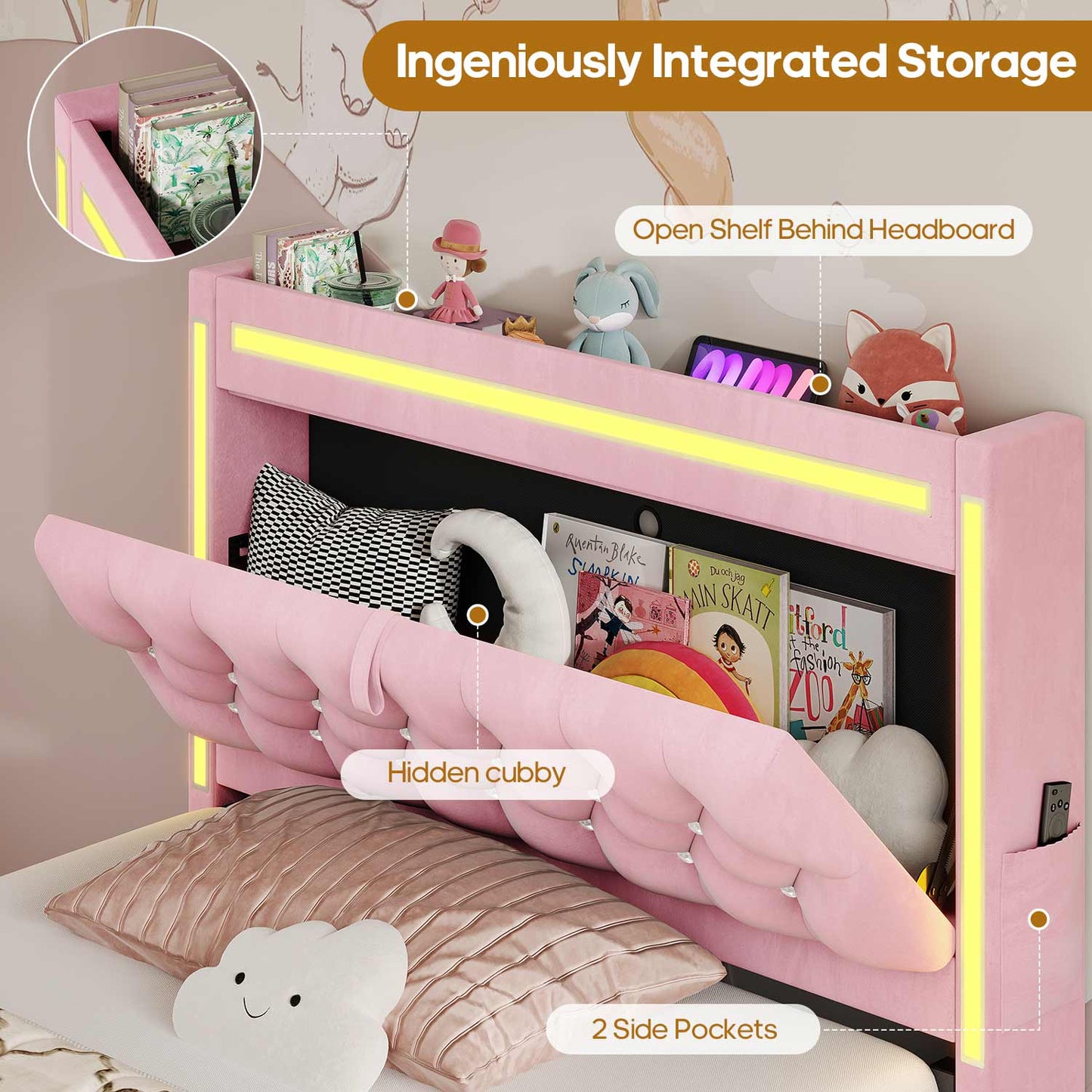 HAUOMS Bed Frame Pink / Twin Velvet Upholstered Twin Bed Frame with 3 Drawers Pink