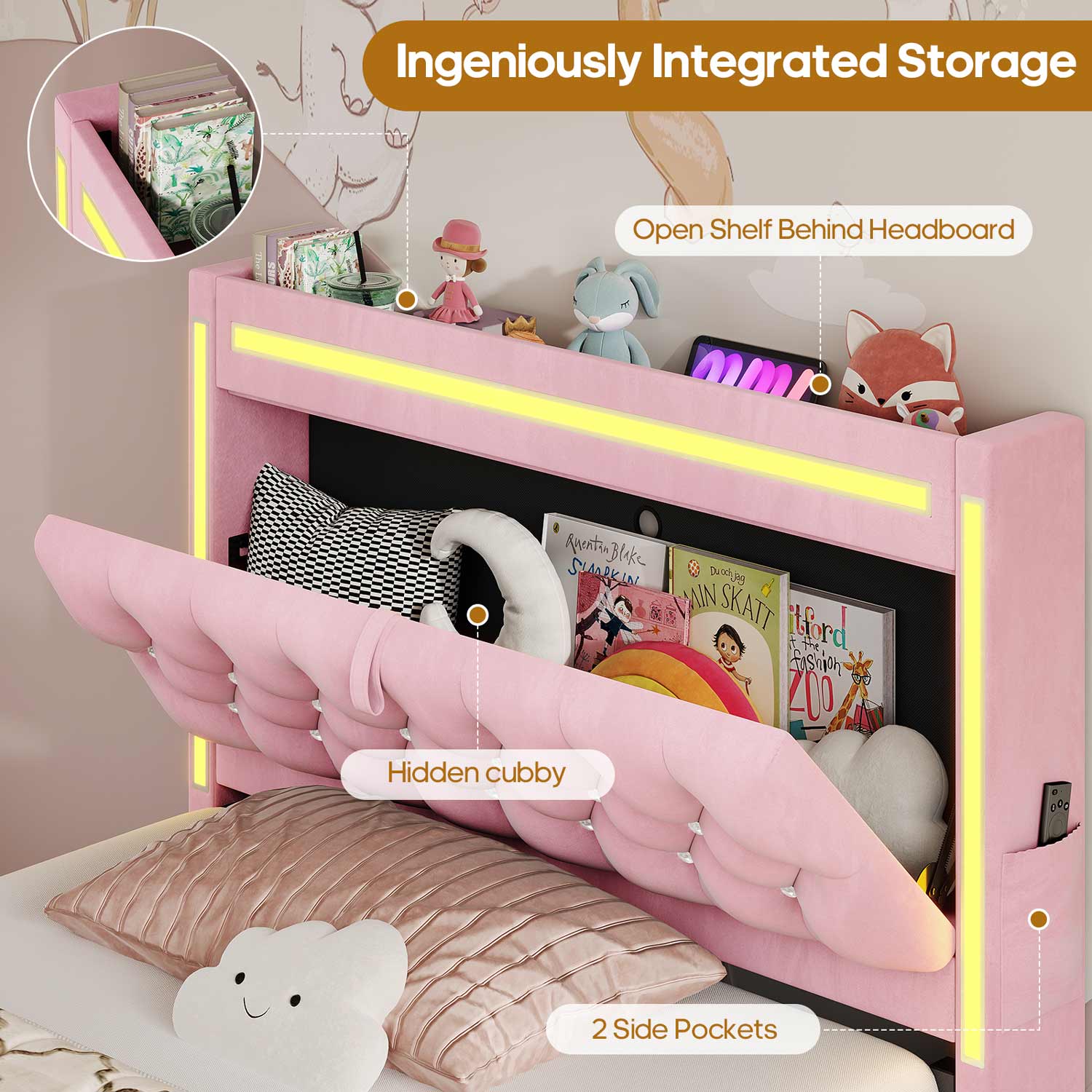 HAUOMS Bed Frame Pink / Twin Velvet Upholstered Twin Bed Frame with 3 Drawers Pink