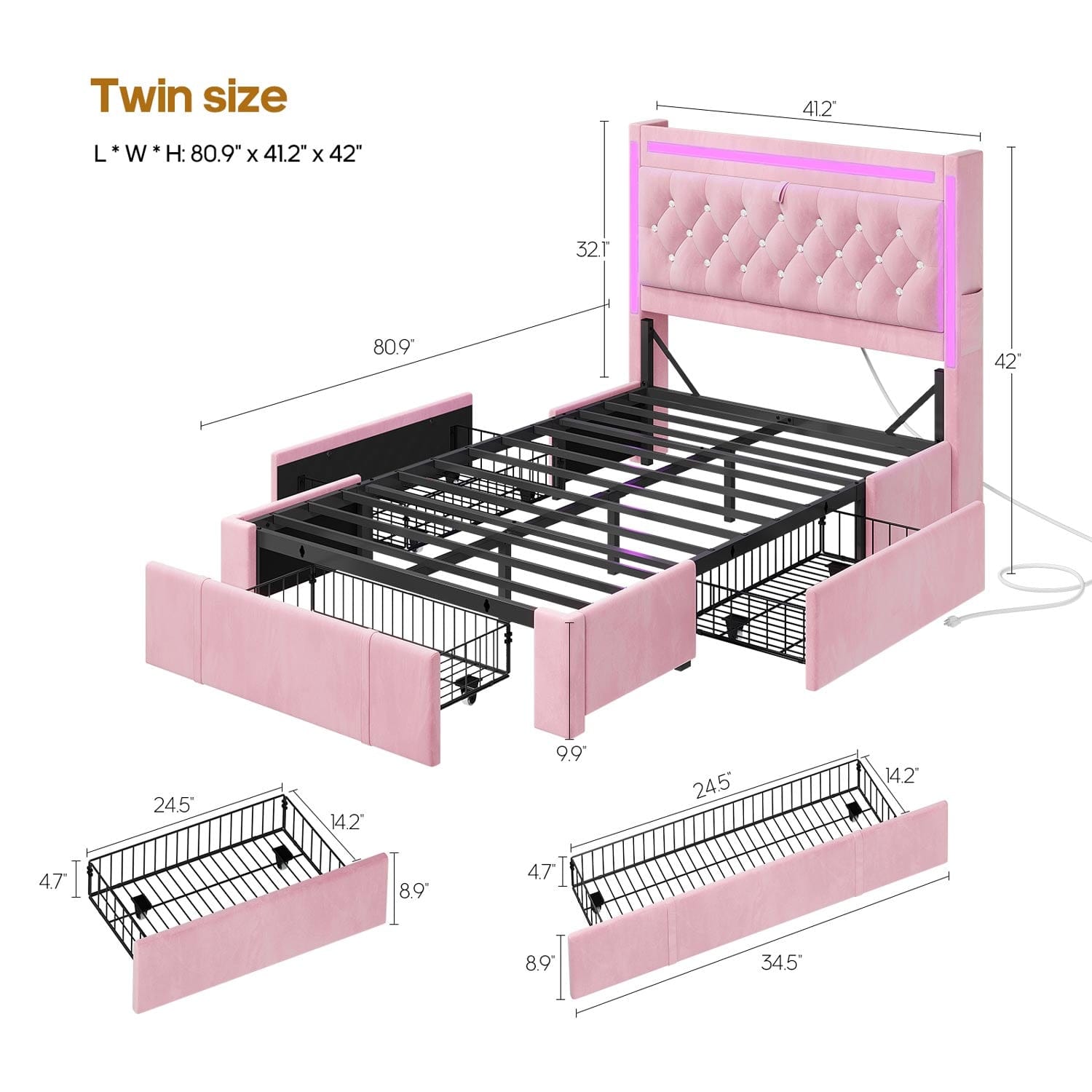 HAUOMS Bed Frame Pink / Twin Velvet Upholstered Twin Bed Frame with 3 Drawers Pink
