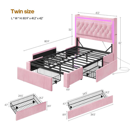 HAUOMS Bed Frame Pink / Twin Velvet Upholstered Twin Bed Frame with 3 Drawers Pink