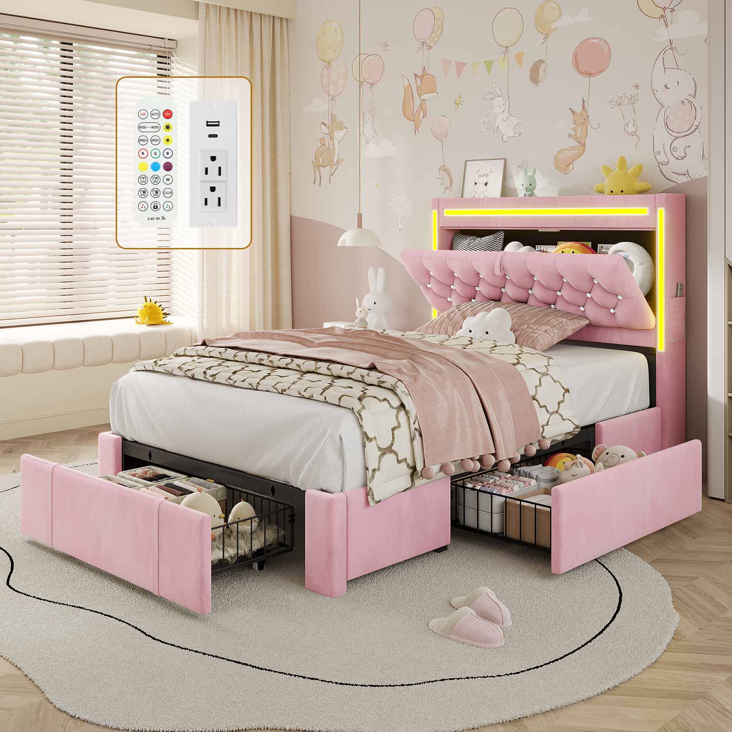 HAUOMS Bed Frame Pink / Twin Velvet Upholstered Twin Bed Frame with 3 Drawers Pink