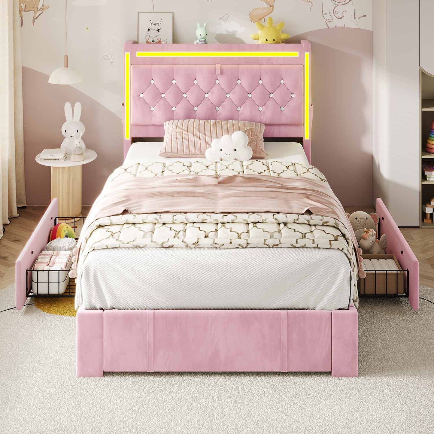 HAUOMS Bed Frame Pink / Twin Velvet Upholstered Twin Bed Frame with 3 Drawers Pink