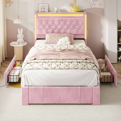 HAUOMS Bed Frame Pink / Twin Velvet Upholstered Twin Bed Frame with 3 Drawers Pink
