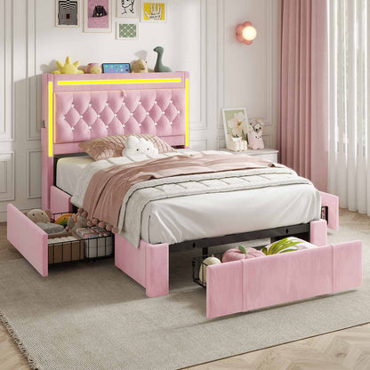 HAUOMS Bed Frame Pink / Twin Velvet Upholstered Twin Bed Frame with 3 Drawers Pink