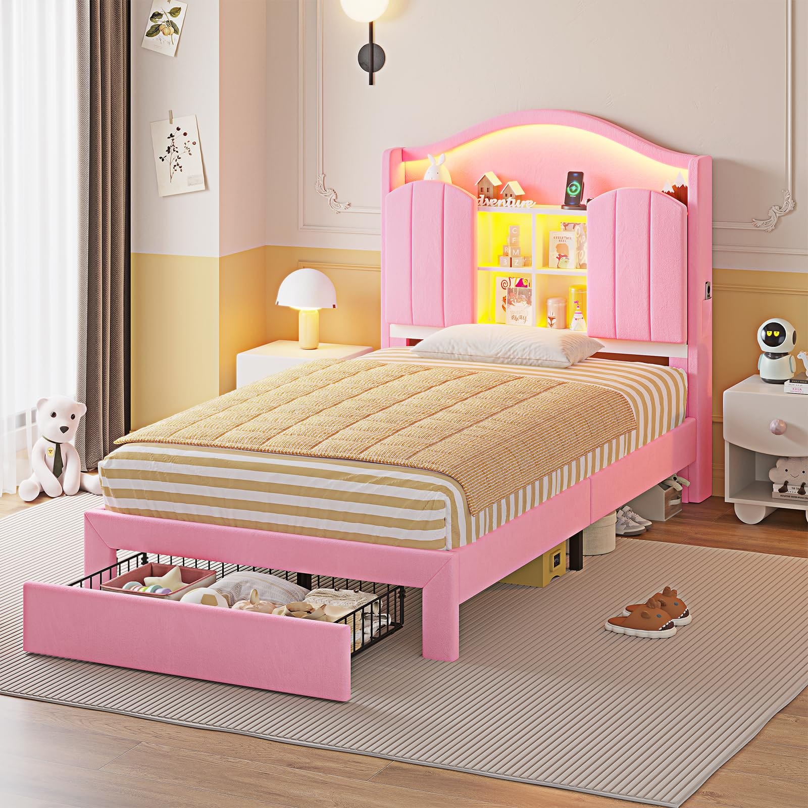 HAUOMS Bed Frame Pink With Drawer Twin Size Bed Frame with LED Lights Pink