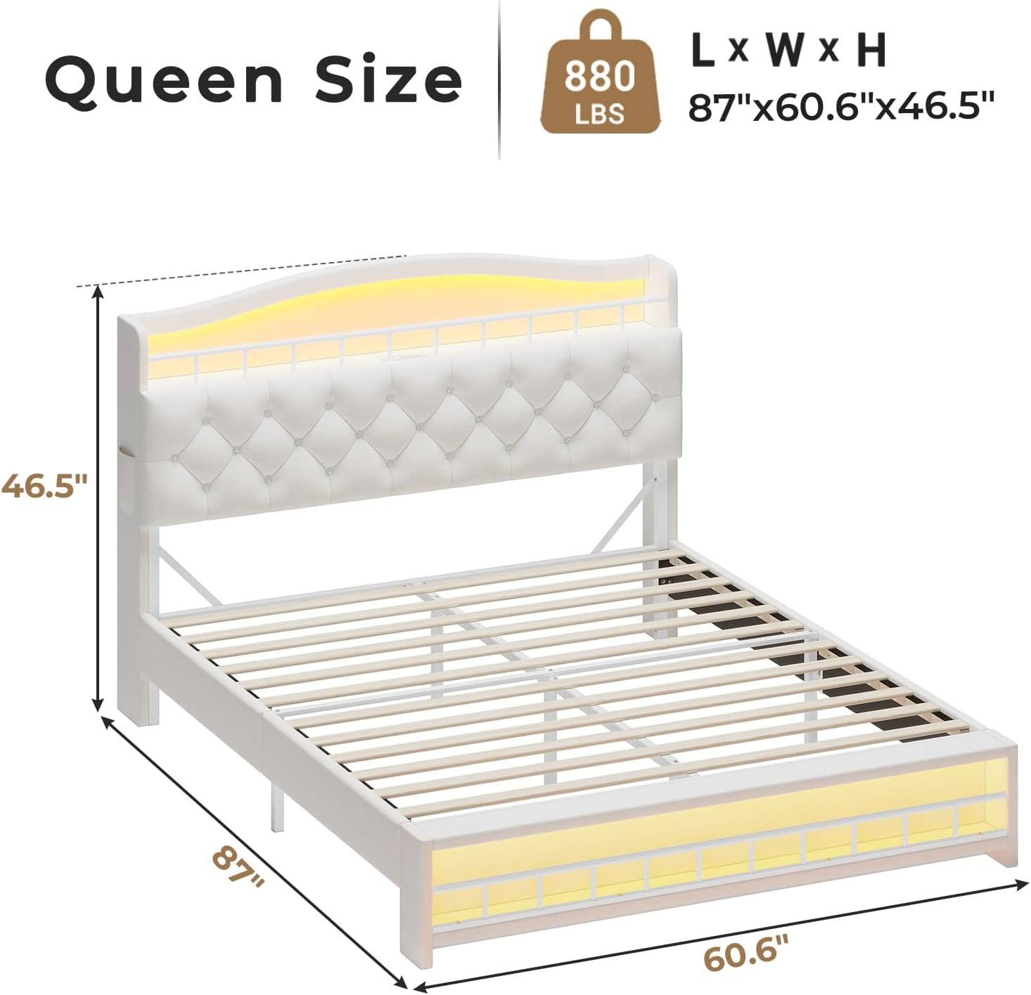 HAUOMS Bed Frame Queen Bed Frame with LED Light Beige