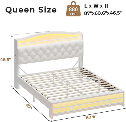 HAUOMS Bed Frame Queen Bed Frame with LED Light Beige