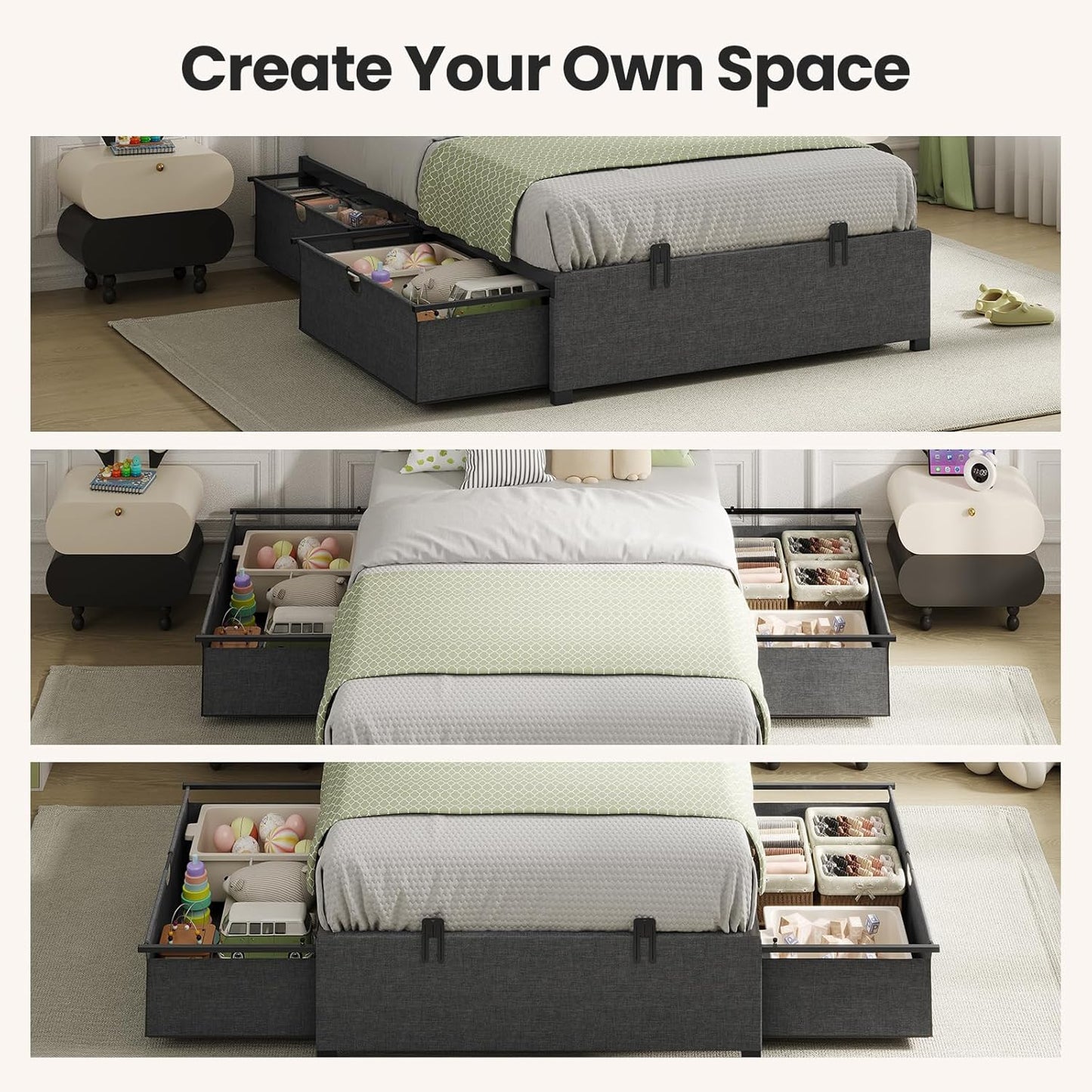 HAUOMS Bed Frame Twin (2 Drawer) Twin Size Bed Frame with 2 Drawers Black