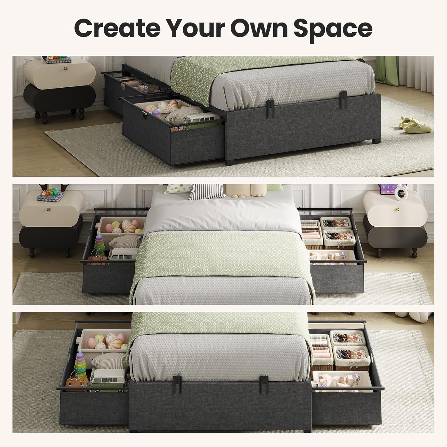 HAUOMS Bed Frame Twin (2 Drawer) Twin Size Bed Frame with 2 Drawers Black