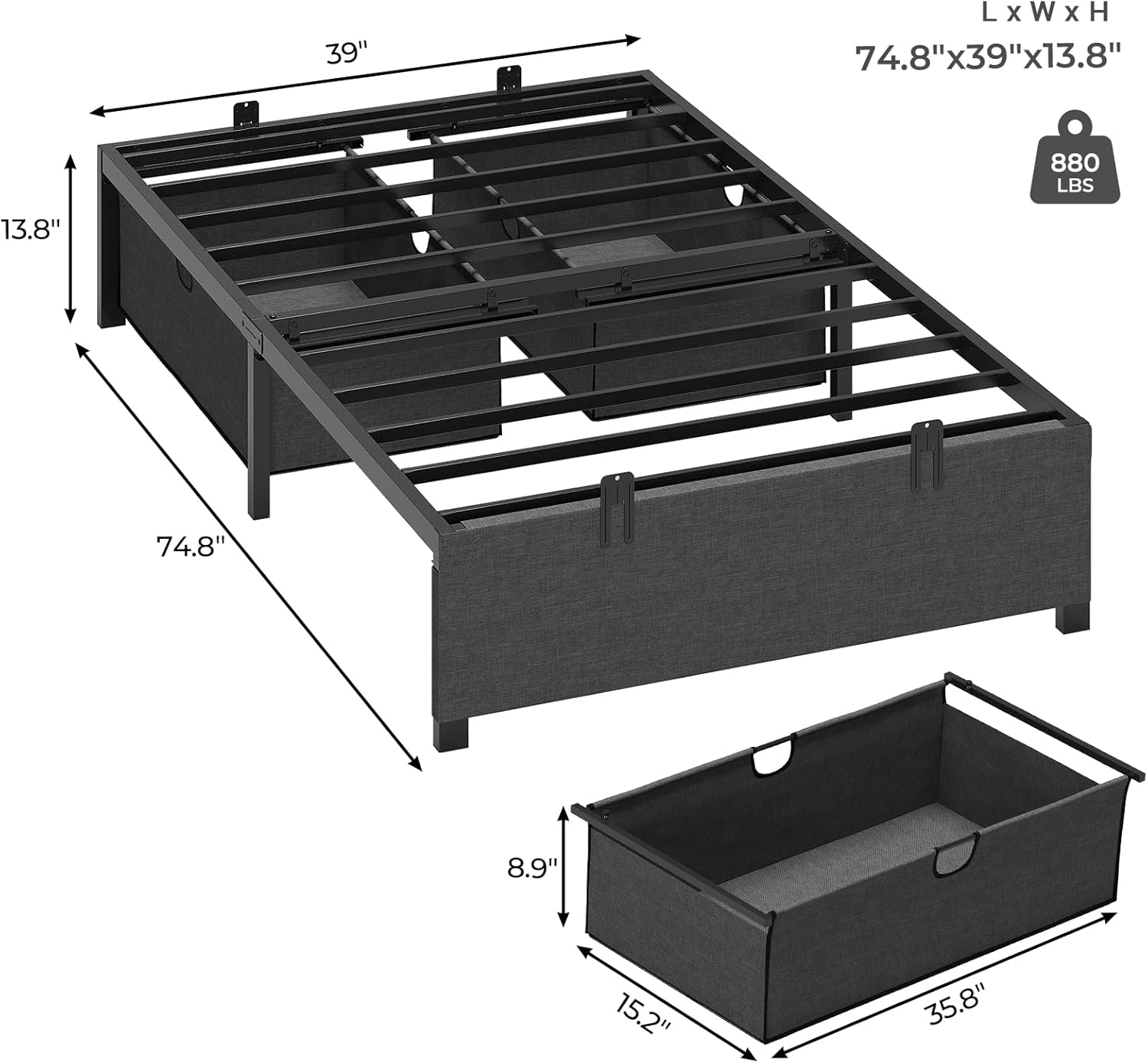 HAUOMS Bed Frame Twin (2 Drawer) Twin Size Bed Frame with 2 Drawers Black
