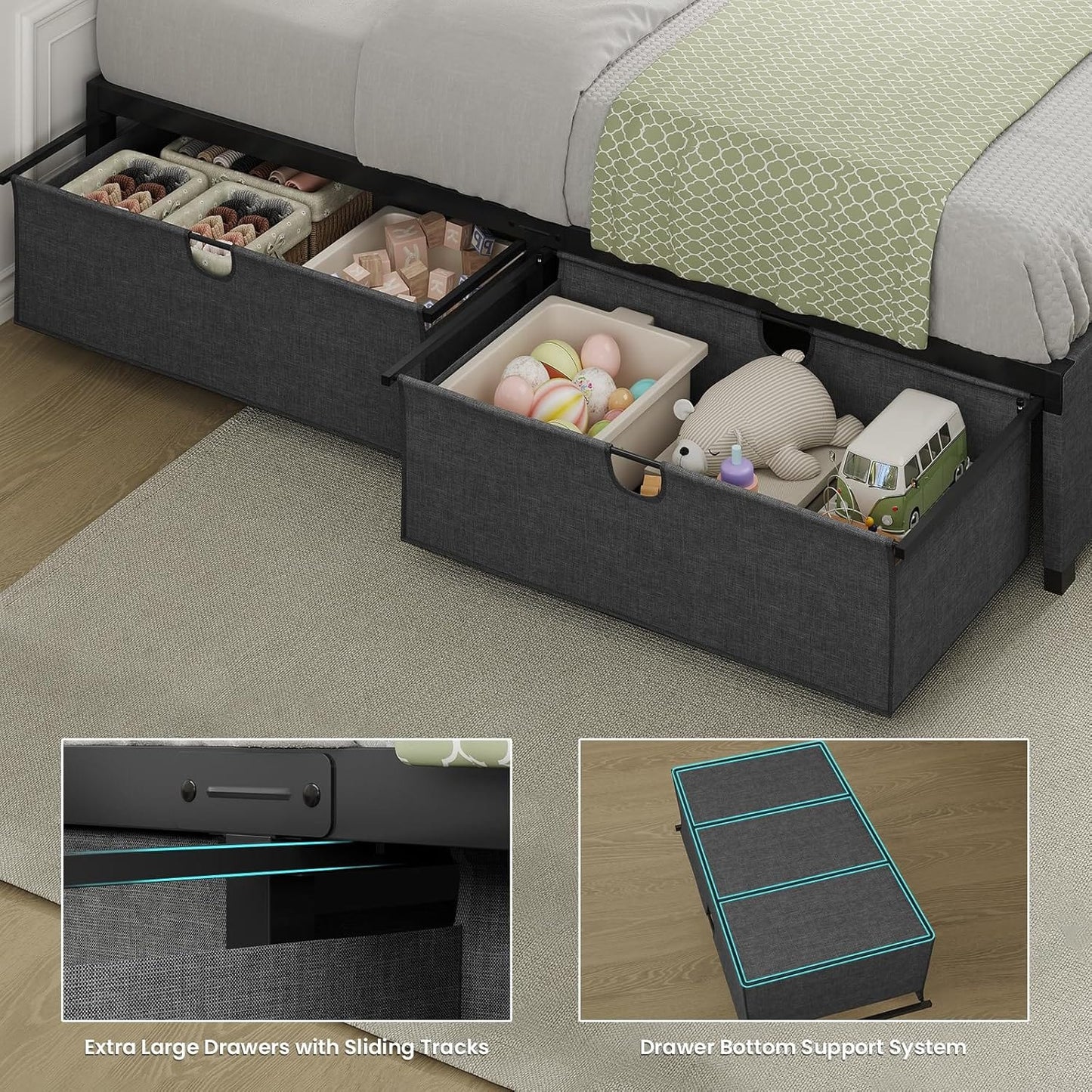 HAUOMS Bed Frame Twin (2 Drawer) Twin Size Bed Frame with 2 Drawers Black