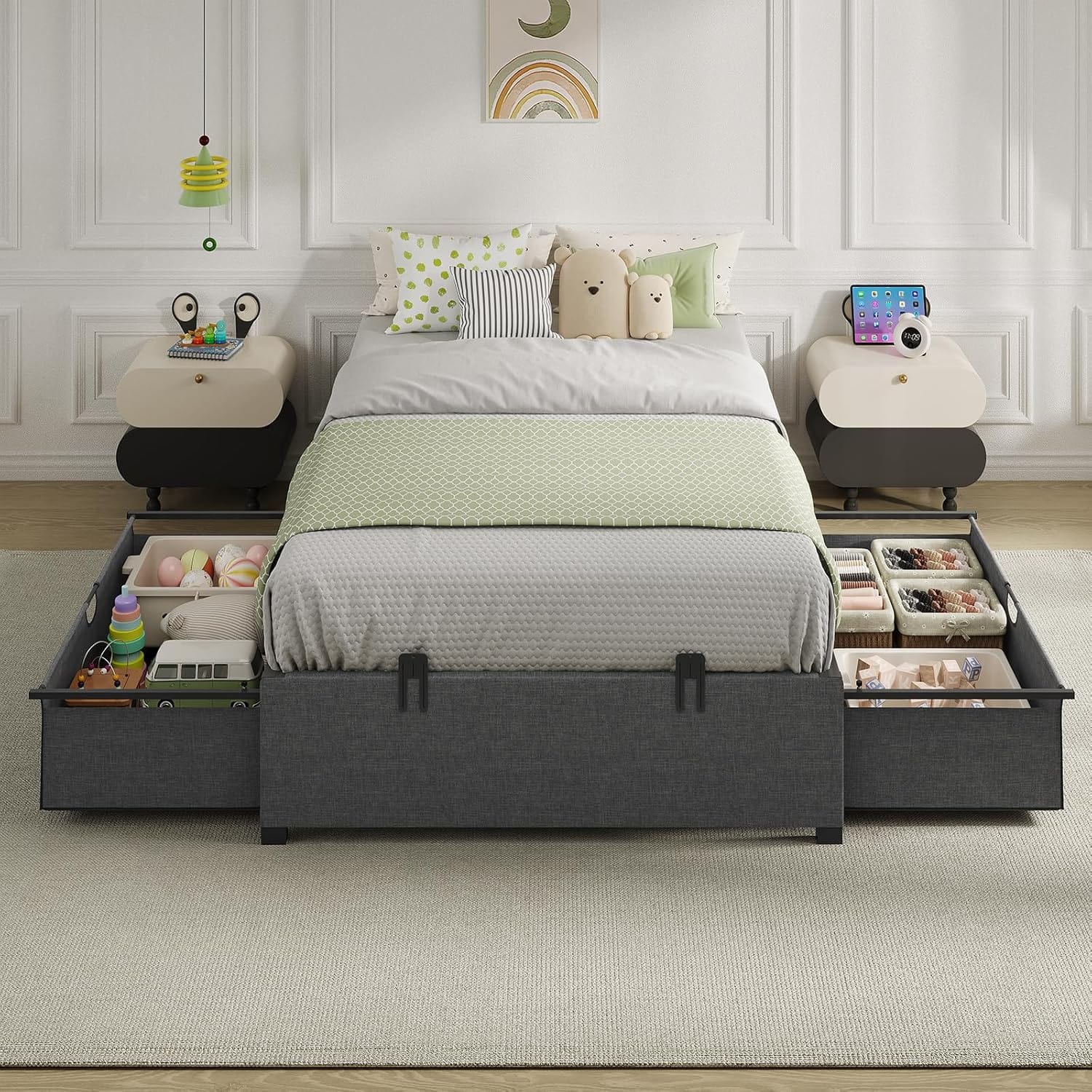 HAUOMS Bed Frame Twin (2 Drawer) Twin Size Bed Frame with 2 Drawers Black
