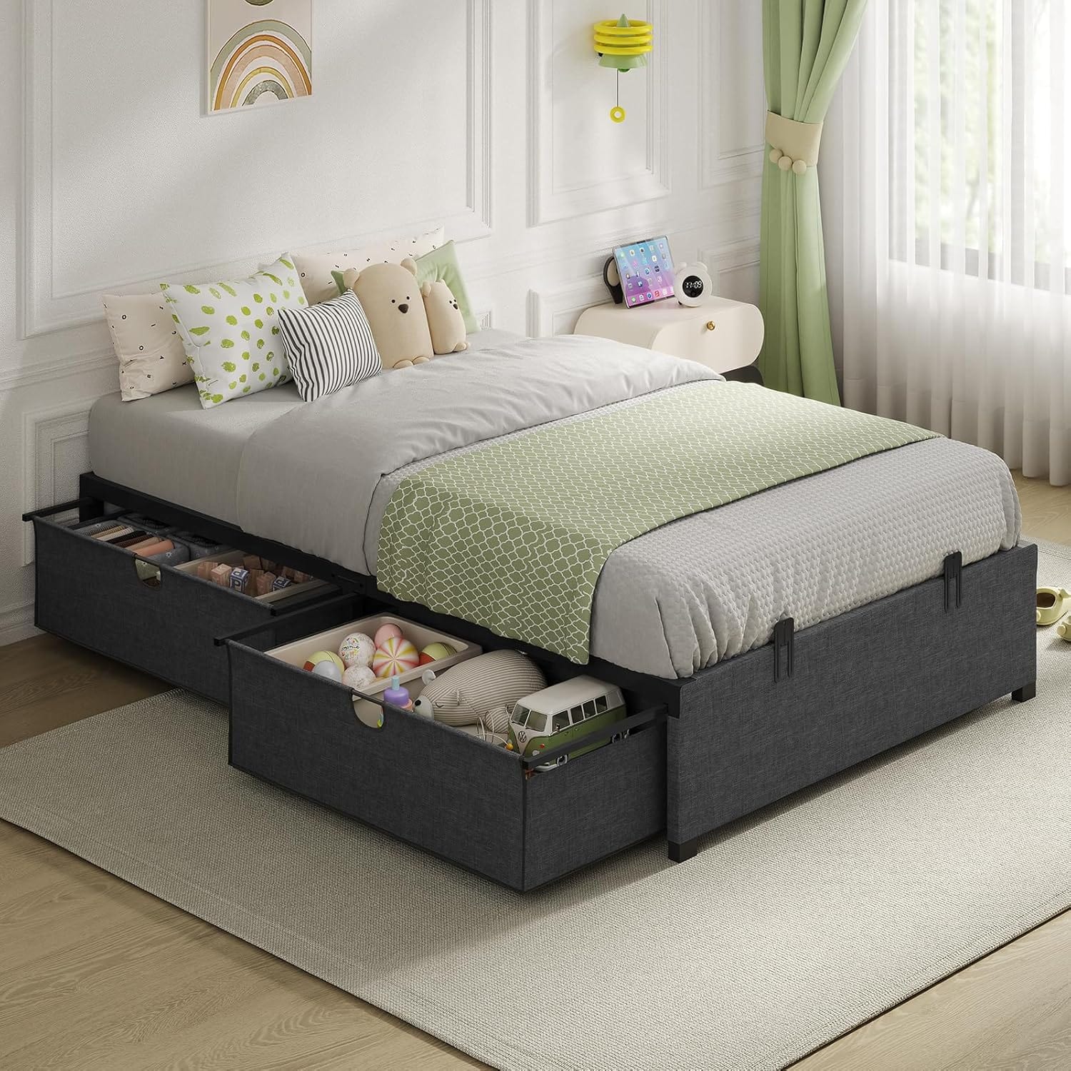 HAUOMS Bed Frame Twin (2 Drawer) Twin Size Bed Frame with 2 Drawers Black