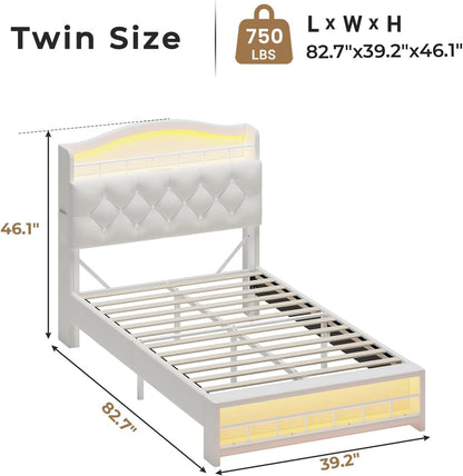 HAUOMS Bed Frame Twin Bed Frame with LED Light Beige