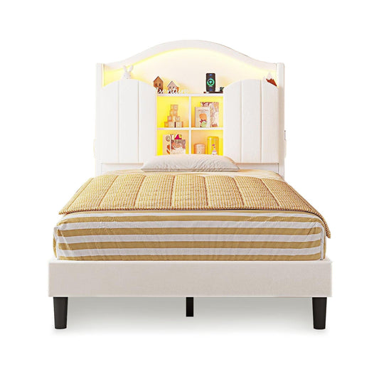 HAUOMS Bed Frame Twin Size Bed Frame with LED Lights Creamy White