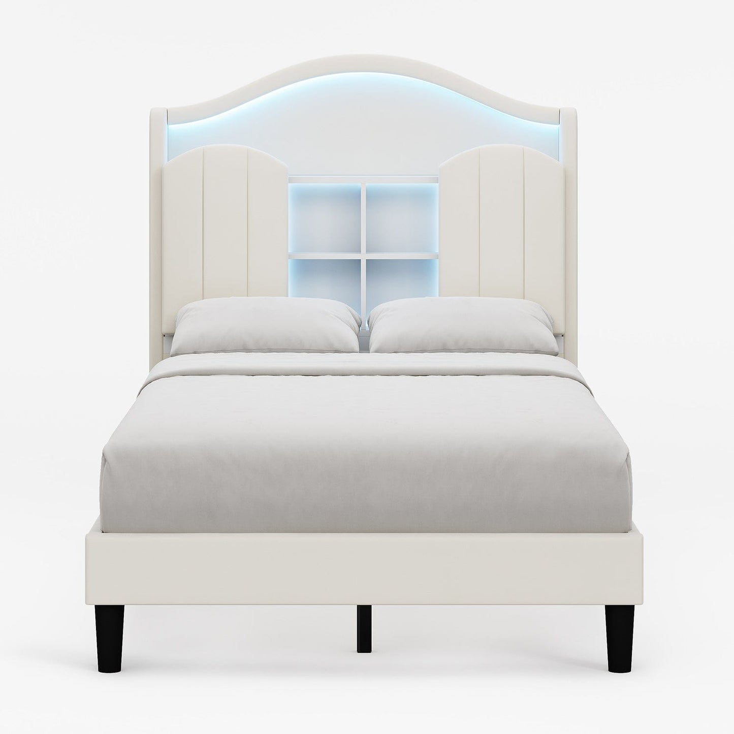 HAUOMS Bed Frame Twin Size Bed Frame with LED Lights Creamy White