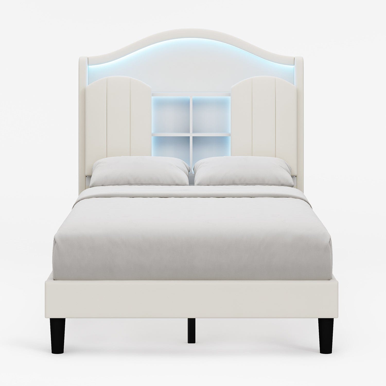 HAUOMS Bed Frame Twin Size Bed Frame with LED Lights Creamy White